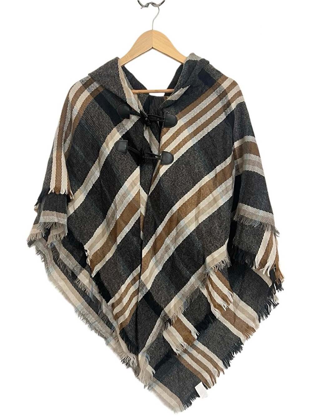 Accessory Street Plaid Poncho Shawl One Size Toggle Buttons Fringe